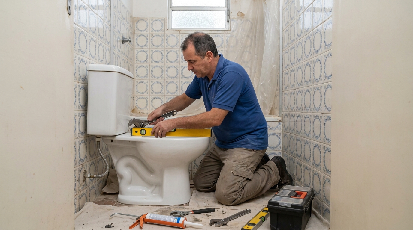 Técnico instalando vaso sanitário em Natal‑RN